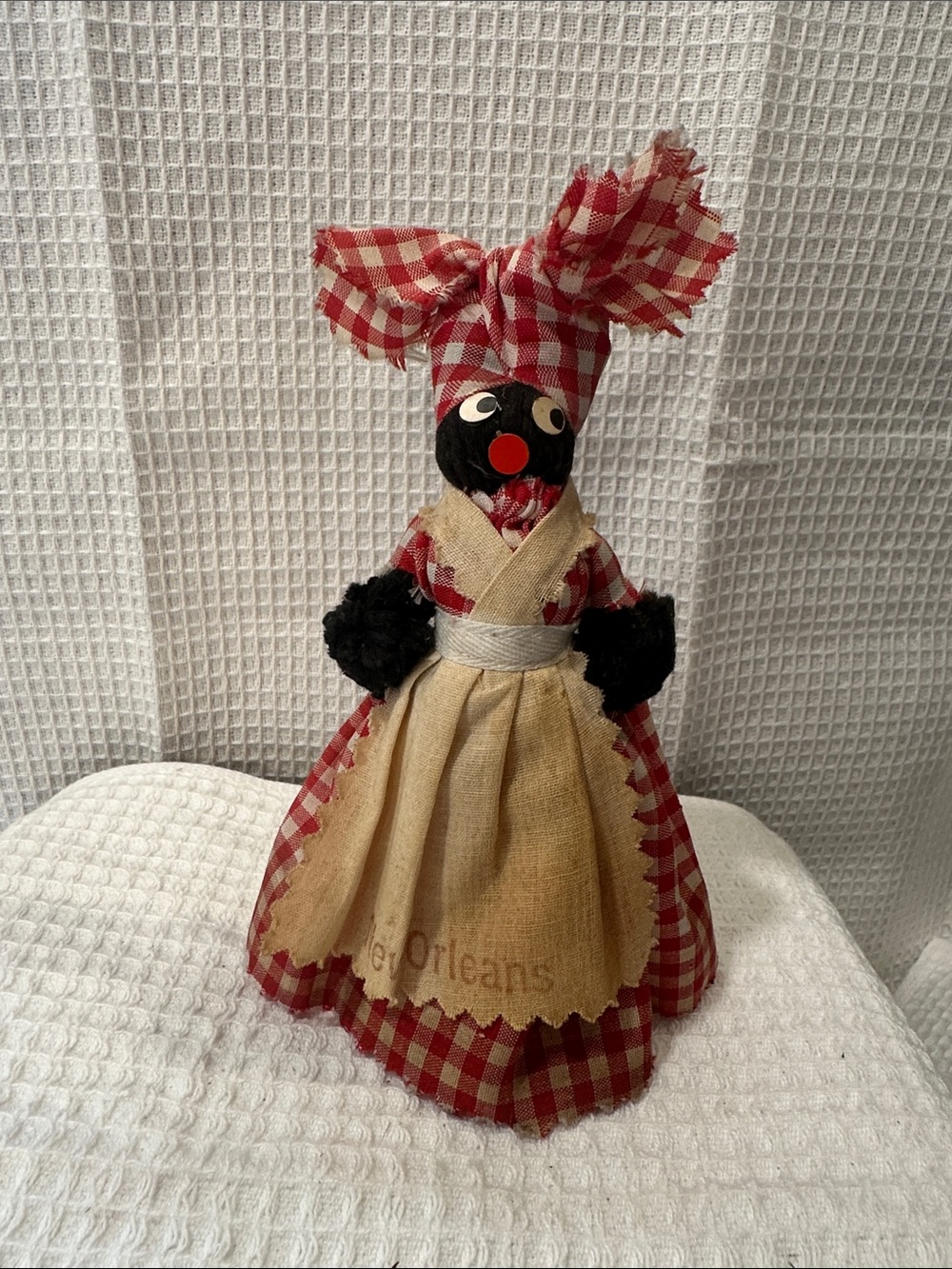 Vintage  folk art black Americana  New Orleans, Metal Bell with Red Gingham